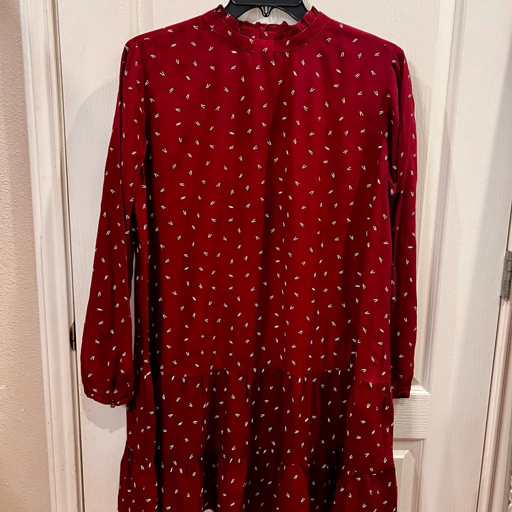 Loft Cranberry and White High Ruffled Neck Shift Dress.  Size L